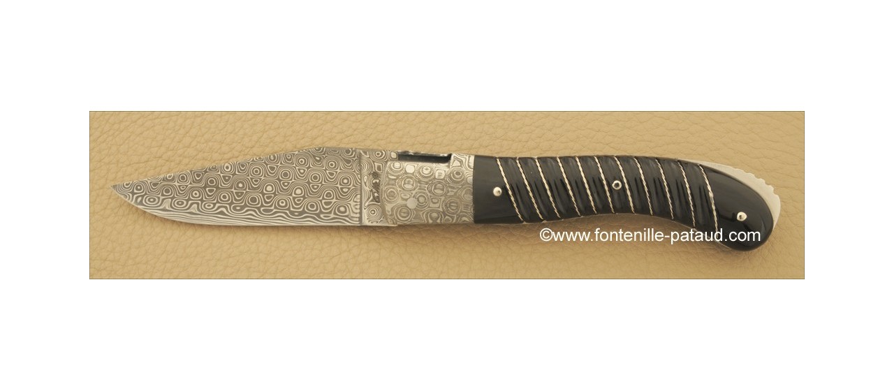 Laguiole Knife Sport Damascus Range Black horn tip Silver thread