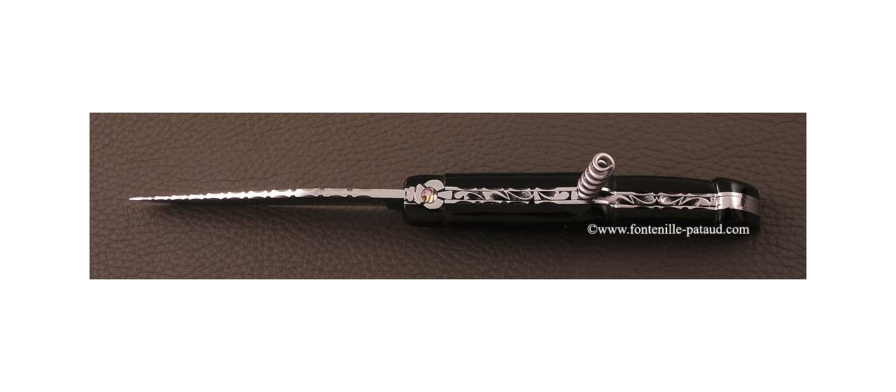 Couteau Laguiole Traditionnel 12 cm Guilloche avec Tire-Bouchon Pointe de corne noire