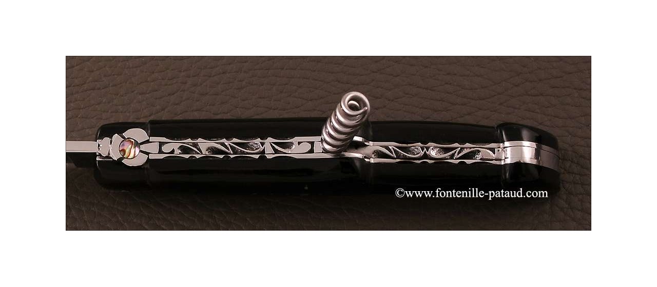 Couteau Laguiole Traditionnel 12 cm Guilloche avec Tire-Bouchon Pointe de corne noire