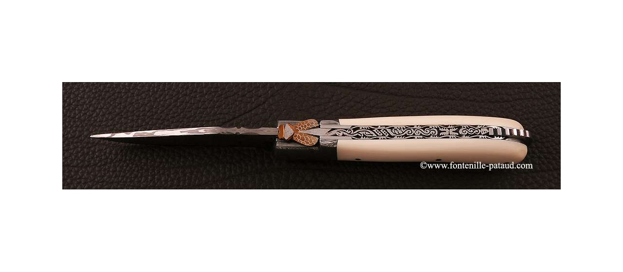 Laguiole Knife Gentleman Damascus Range Real Ivory Delicate file work