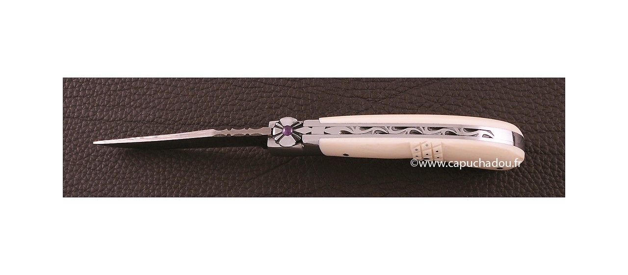 Le Capuchadou 10 cm Needles Hand made knife, Real Ivory & Damascus