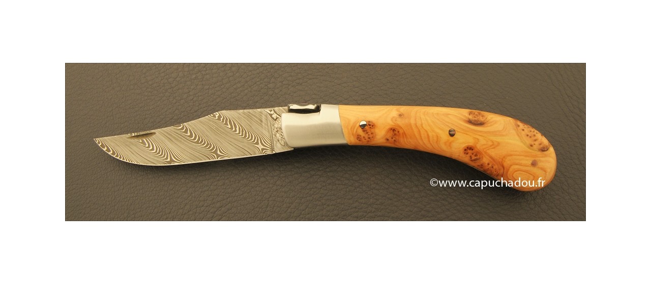 "Le Capuchadou-Guilloché" 10 cm hand made knife, juniper & Damascus