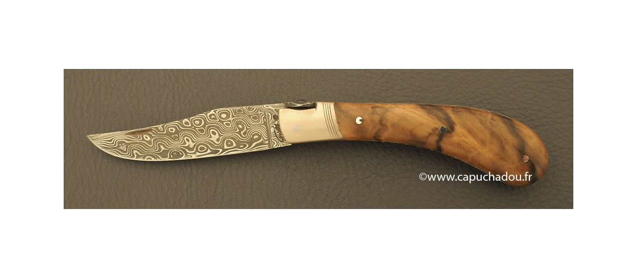 "Le Capuchadou-Guilloché" 10 cm hand made knife, walnut & Damascus