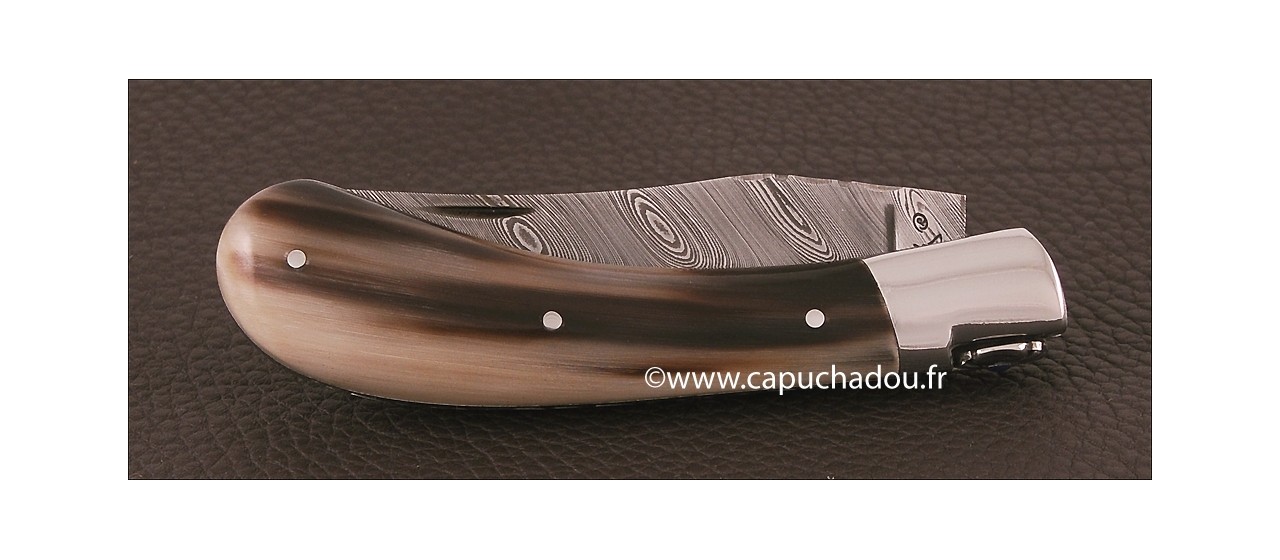 "Le Capuchadou-Guilloché" 10 cm hand made knife, Horn tip & Damascus