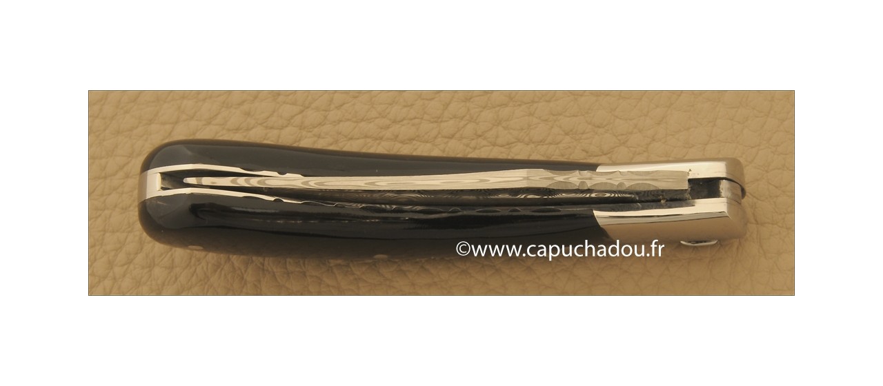 "Le Capuchadou-Guilloché" 10 cm hand made knife, buffalo Horn tip & Damascus