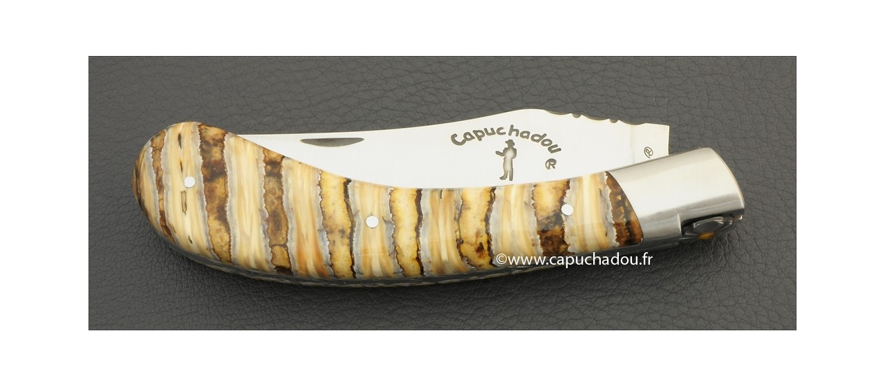 "Le Capuchadou-Guilloché" 12 cm hand made knife, molar tooth of mammoth