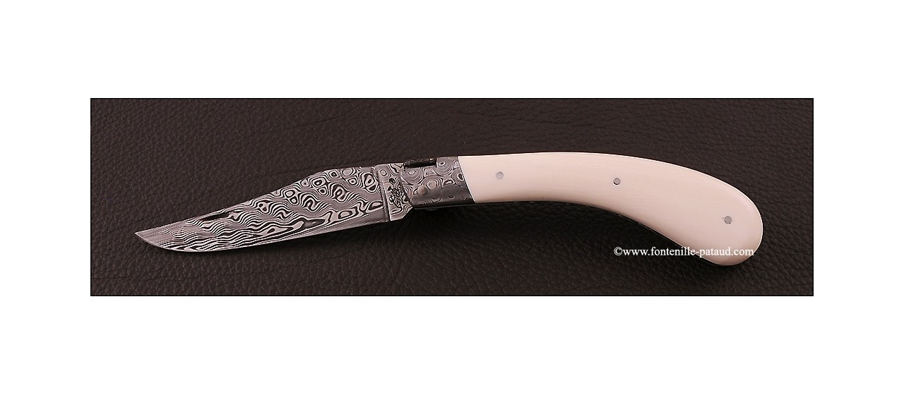 "Le Capuchadou-Guilloché" 12 cm hand made knife,Real Ivory & Damascus, delicate filework
