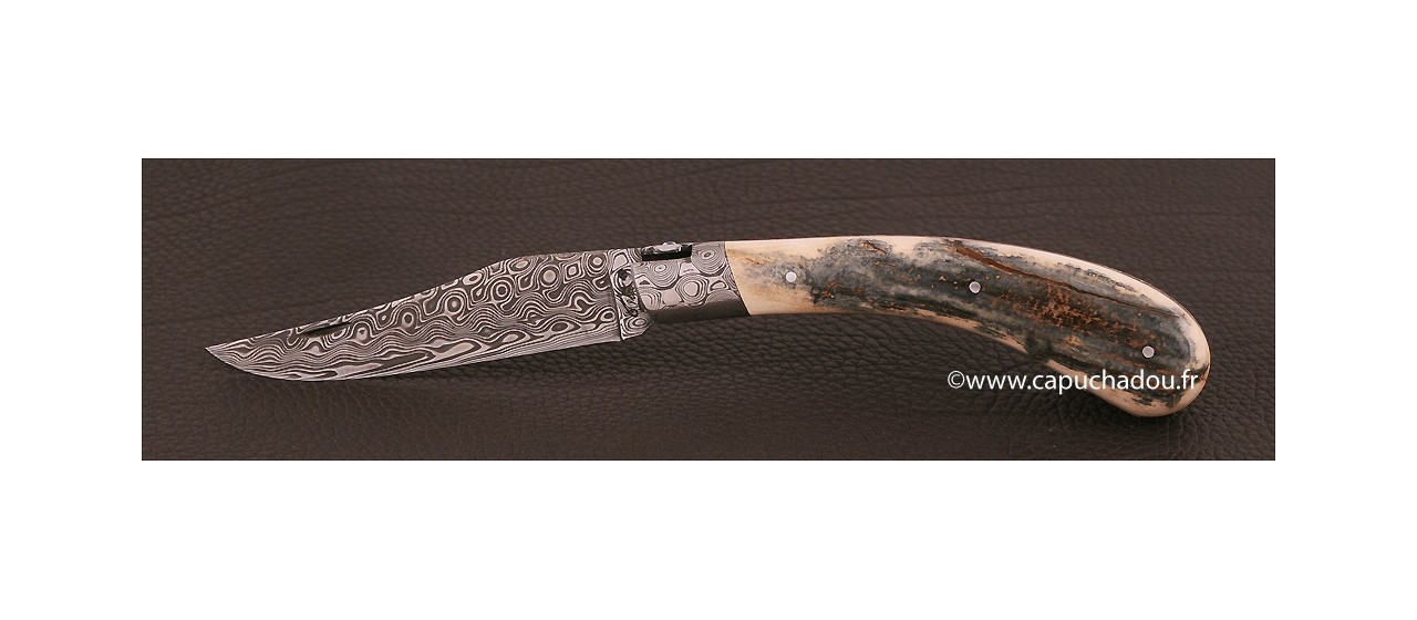 "Le Capuchadou-Guilloché" 12 cm hand made knife, blue mammoth & Damascus, delicate filework
