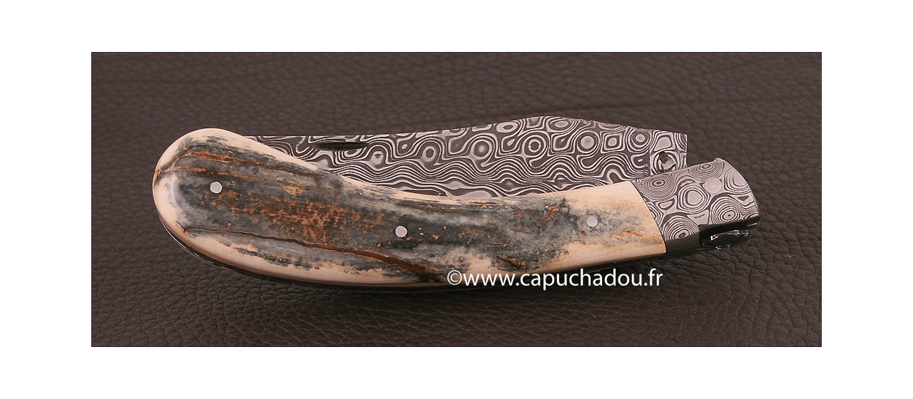 Le Capuchadou 12 cm, ivoire de Mammouth fossile bleu, Damas "Rose", Guillochage fin