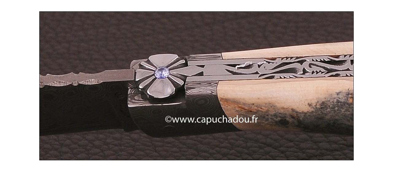 "Le Capuchadou-Guilloché" 12 cm hand made knife, blue mammoth & Damascus, delicate filework