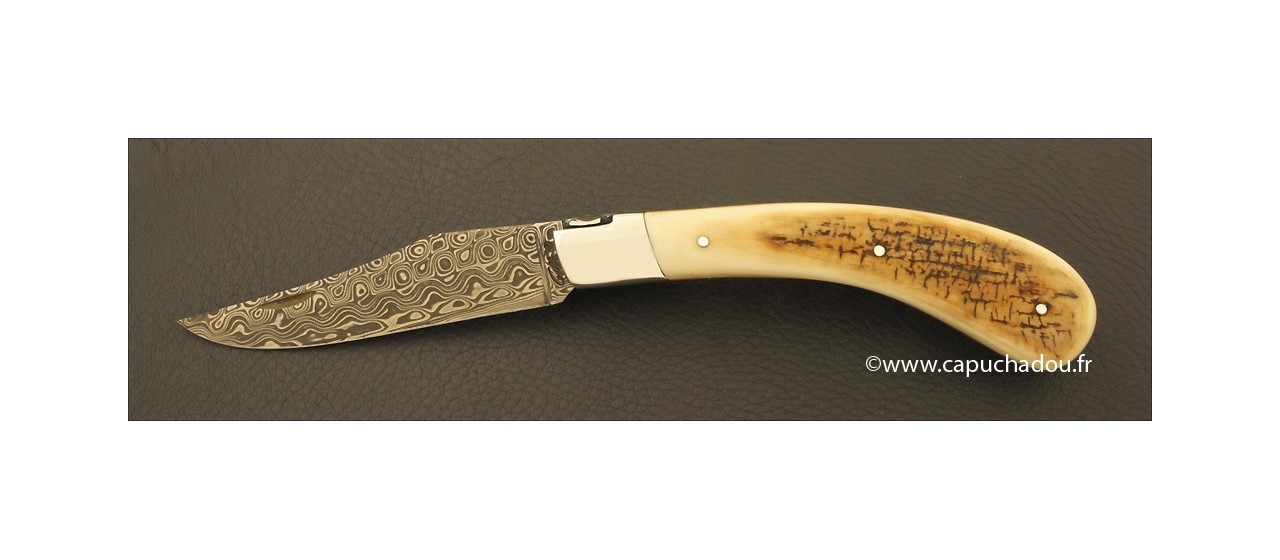 "Le Capuchadou-Guilloché" 12 cm hand made knife, mammoth & Damascus