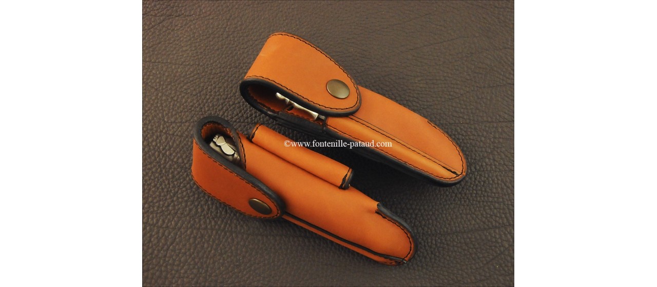 Etui de ceinture traditionnel en cuir doublé coloris fauve pour modèles Nature, Laguiole 12cm et 5 Coqs