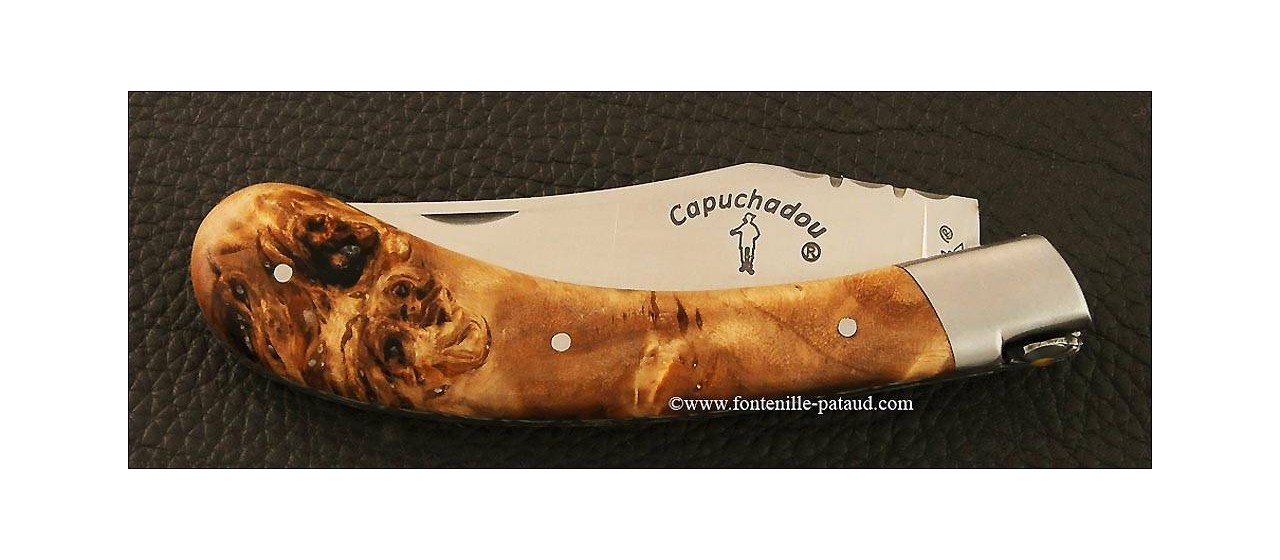 "Le Capuchadou-Guilloché" 12 cm hand made knife, Stabilized poplar burl