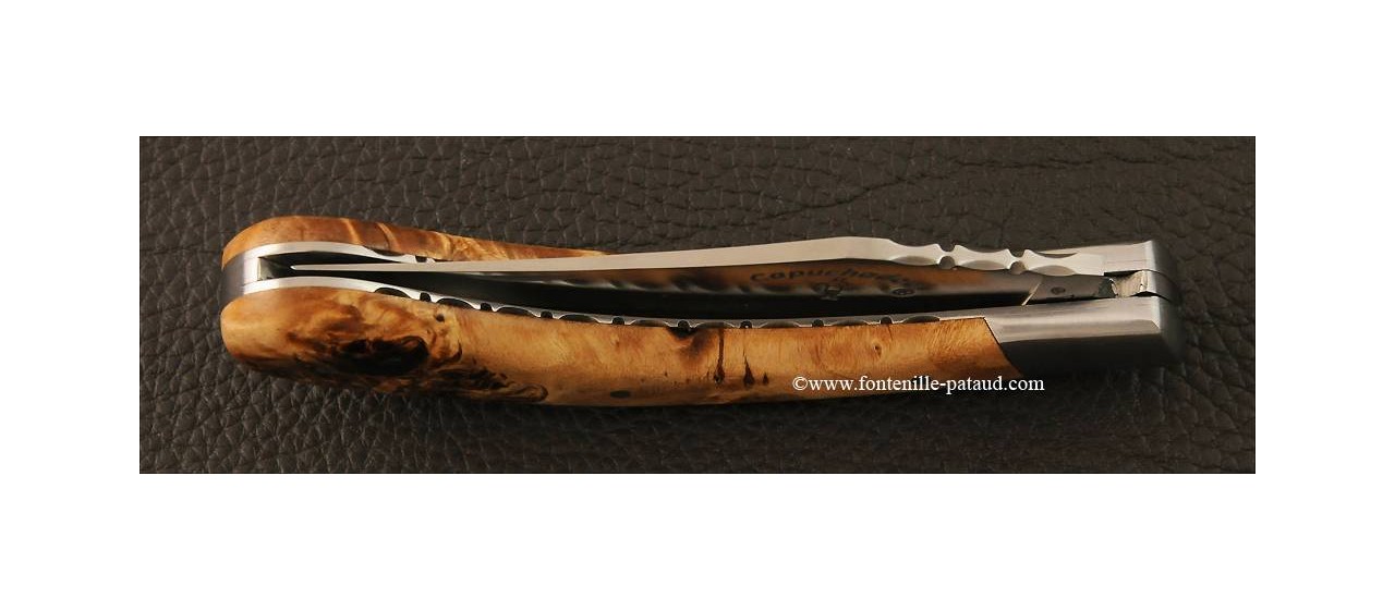 "Le Capuchadou-Guilloché" 12 cm hand made knife, Stabilized poplar burl