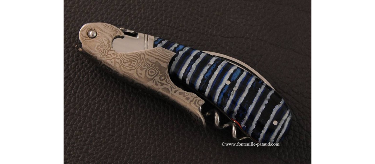 Laguiole Magnum corkscrew damascus & blue Molar tooth of mammoth