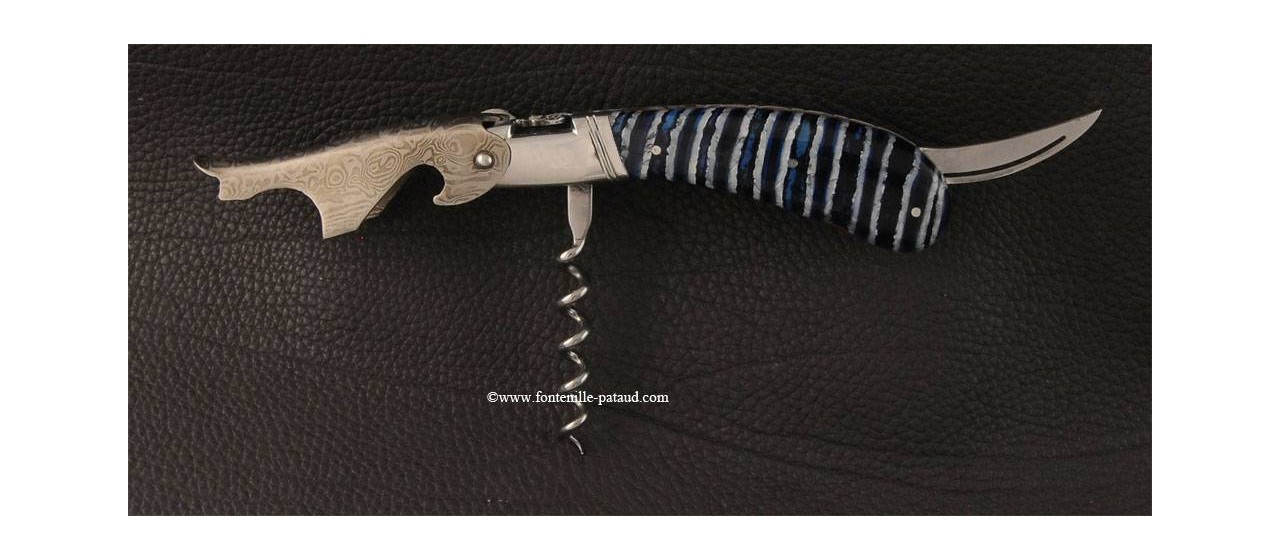 Laguiole Magnum corkscrew damascus & blue Molar tooth of mammoth