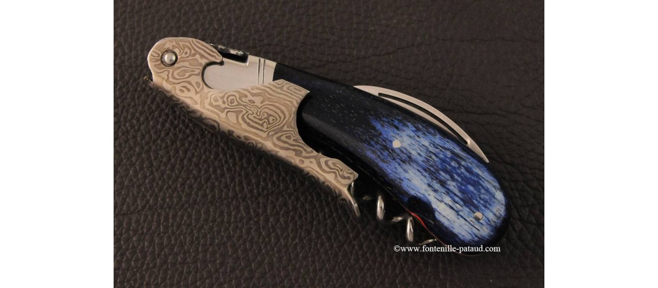 Laguiole Magnum corkscrew damascus blue giraffe bone