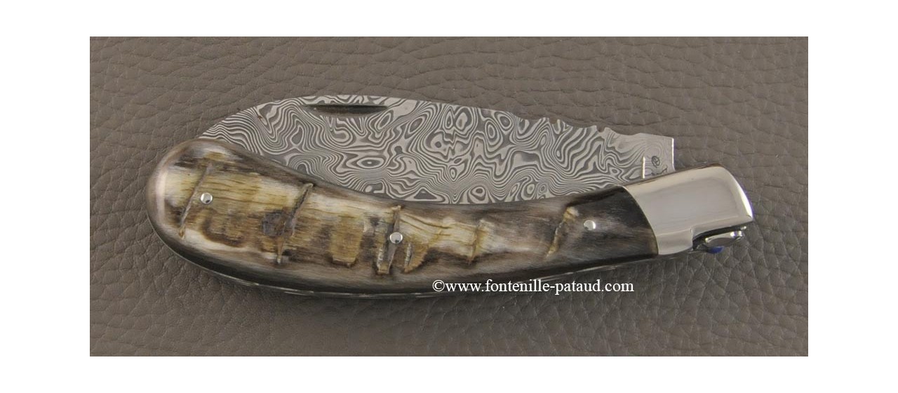 Le Chamois knife 12 cm Damascus dark ram horn