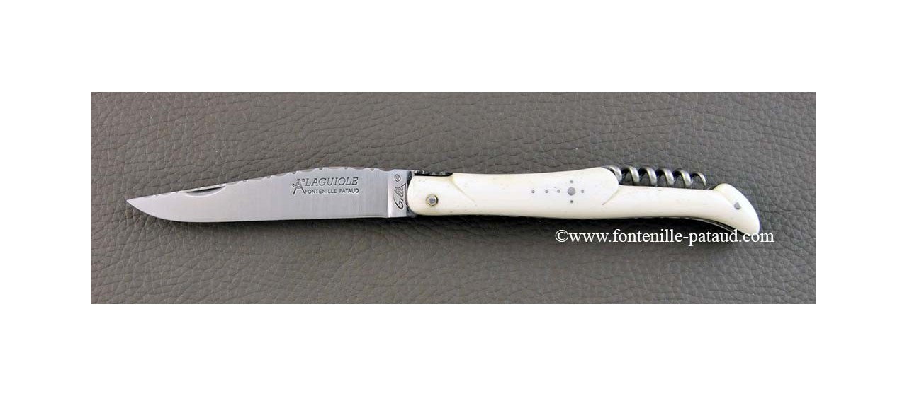 Couteau Laguiole Traditionnel 12 cm Guilloche avec Tire-Bouchon plein manche Os véritable