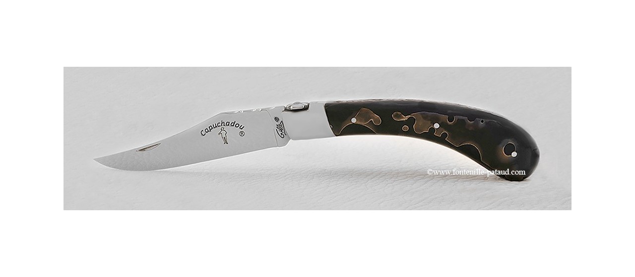 "Le Capuchadou-Guilloché" 12 cm hand made knife, black resin with bronze inlayed