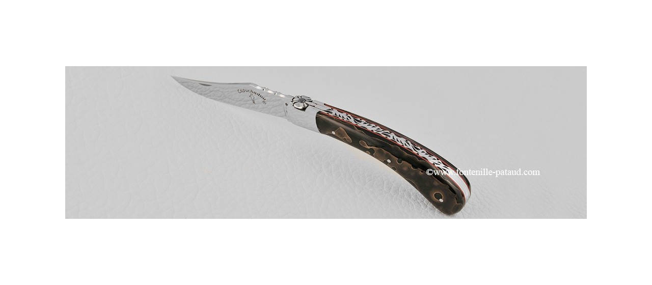 "Le Capuchadou-Guilloché" 12 cm hand made knife, black resin with bronze inlayed