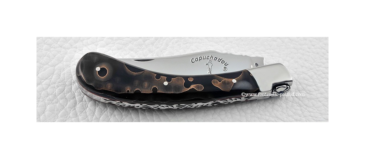 "Le Capuchadou-Guilloché" 12 cm hand made knife, black resin with bronze inlayed