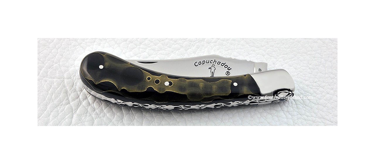 "Le Capuchadou-Guilloché" 12 cm hand made knife, black resin with brass inlayed