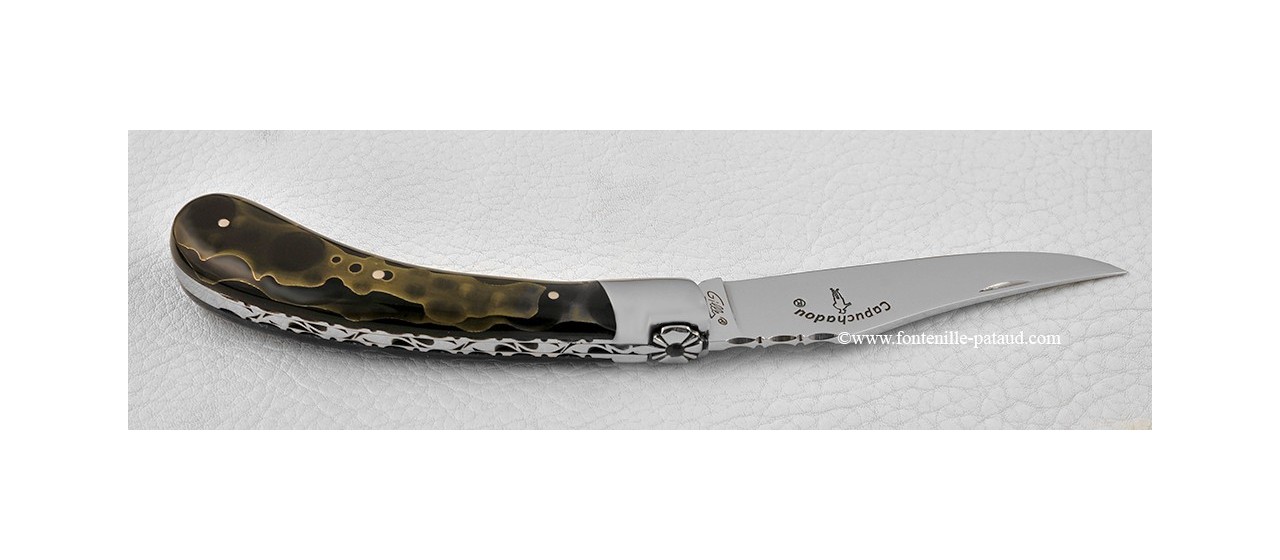 "Le Capuchadou-Guilloché" 12 cm hand made knife, black resin with brass inlayed