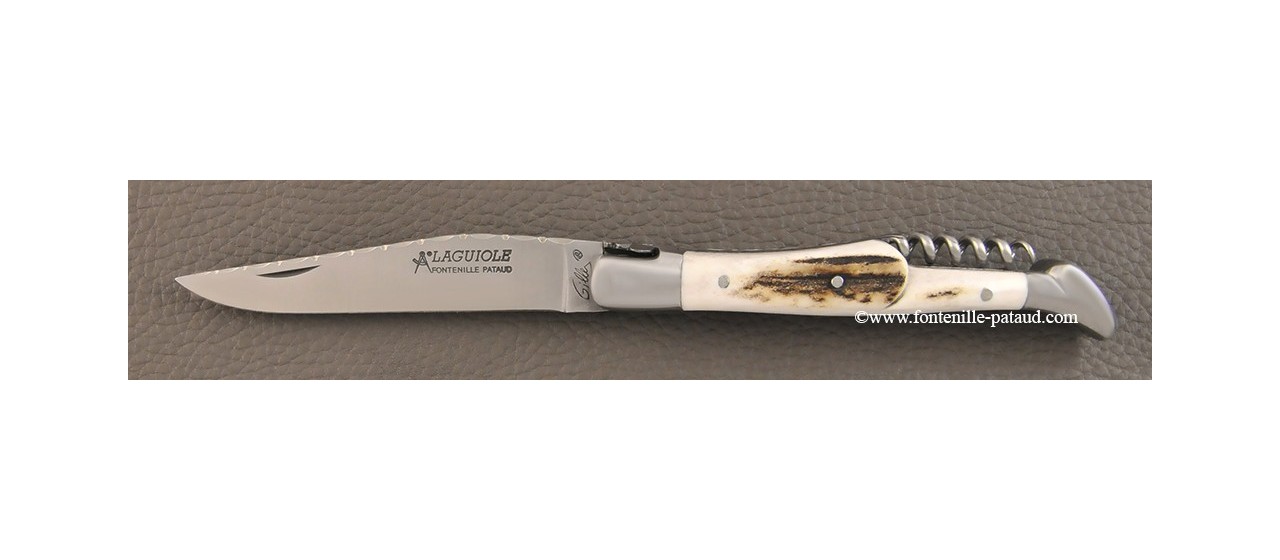 Couteau Laguiole Traditionnel 12 cm Guilloche avec Tire-Bouchon et manche en cerf