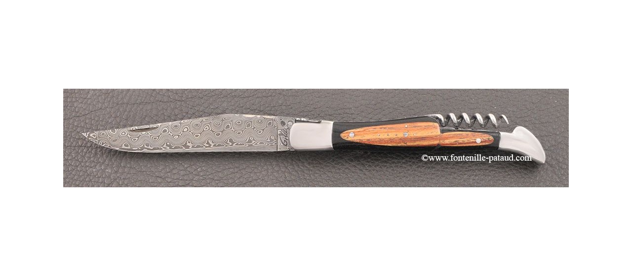 Couteau Laguiole Traditionnel 12 cm Damas avec Tire-Bouchon Ebene et bois de rose