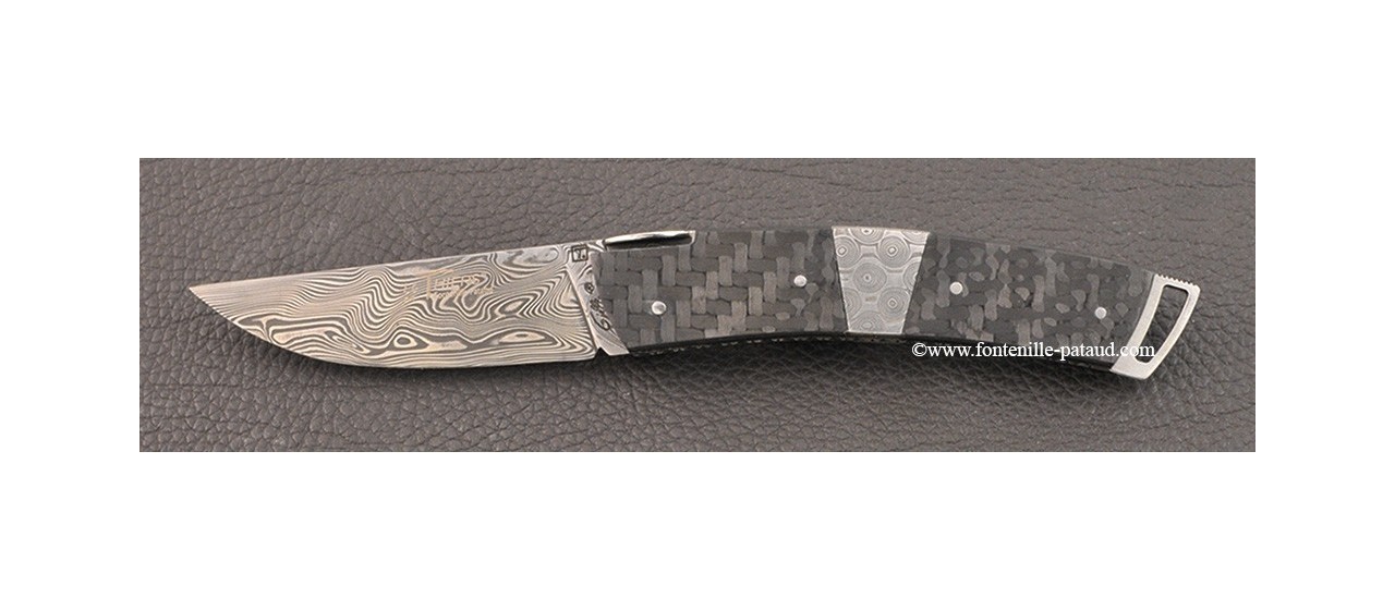 Le Thiers ® Gentleman knife Damascus Central bolster carbon fiber and delicate filework