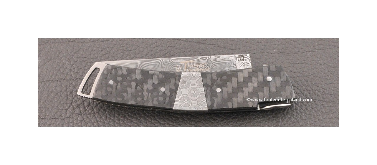 Le Thiers ® Gentleman knife Damascus Central bolster carbon fiber and delicate filework