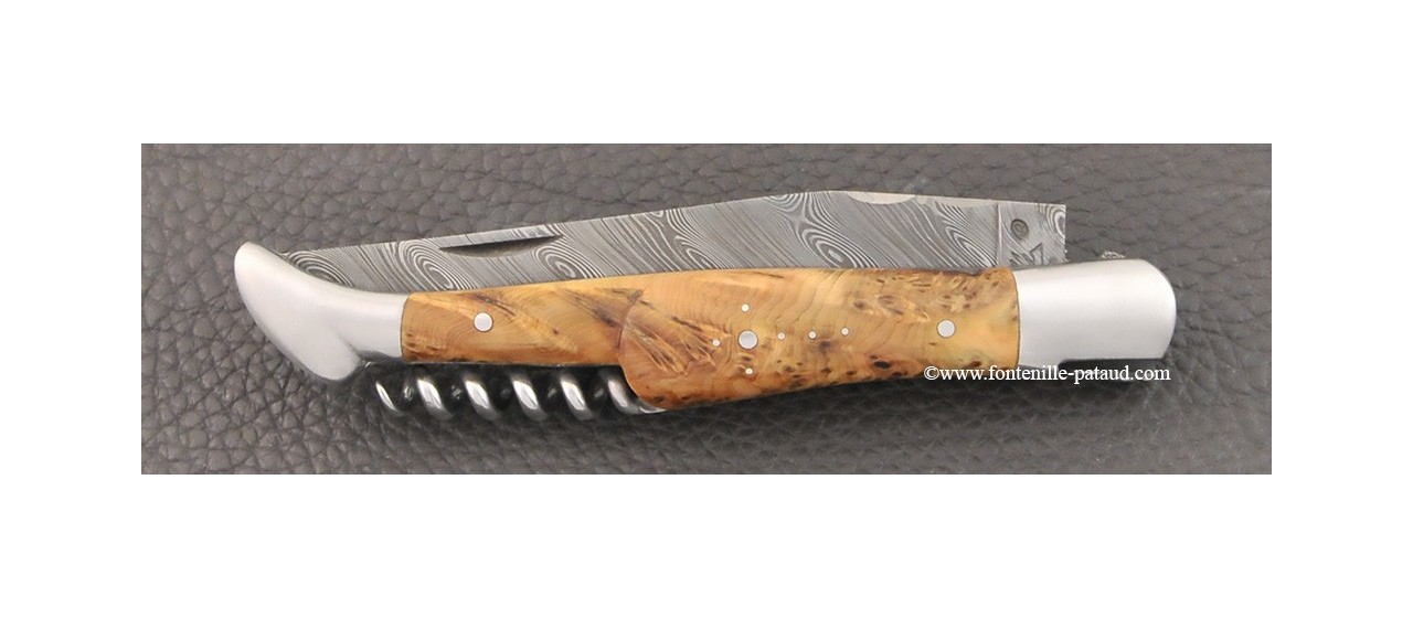 Couteau Laguiole Traditionnel 12 cm Damas avec Tire-Bouchon Genévrier