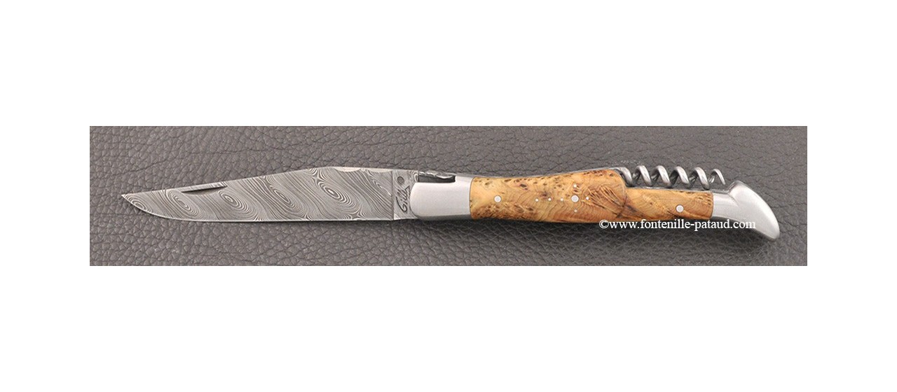 Couteau Laguiole Traditionnel 12 cm Damas avec Tire-Bouchon Genévrier