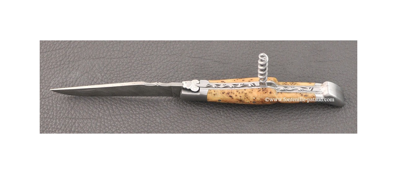 Couteau Laguiole Traditionnel 12 cm Damas avec Tire-Bouchon Genévrier