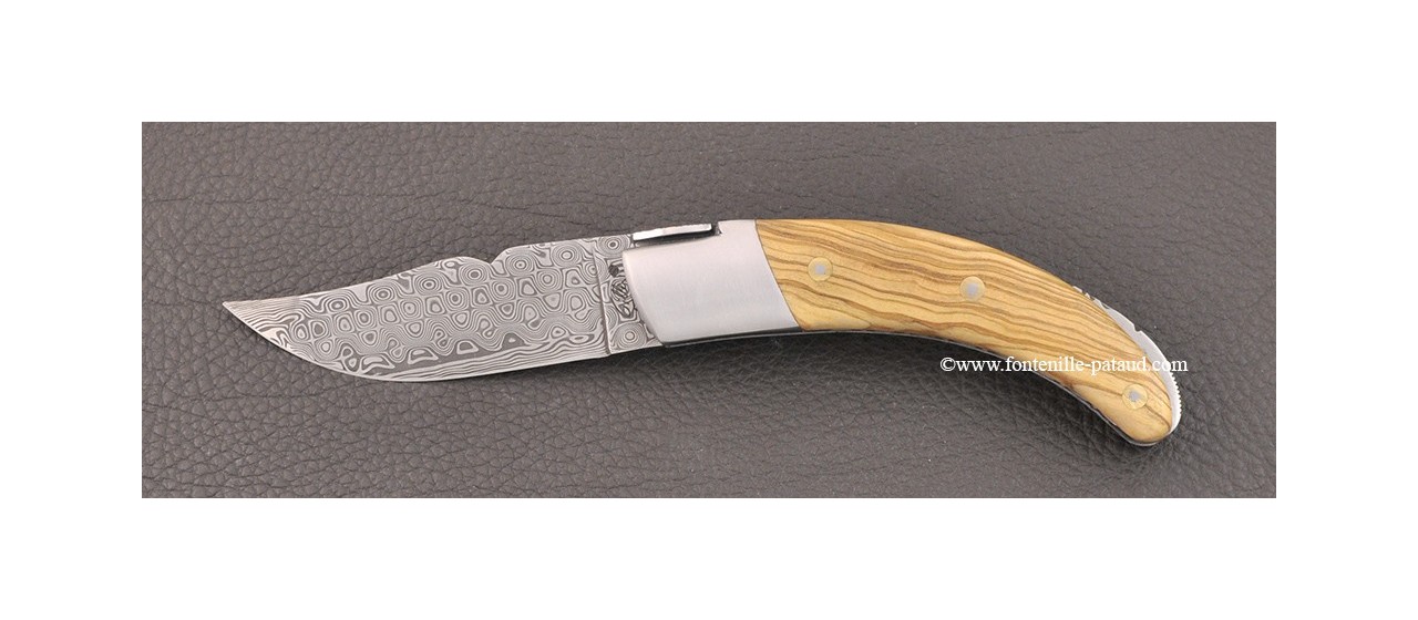 Corsican Rondinara knife Guilloché damascus range olivewood