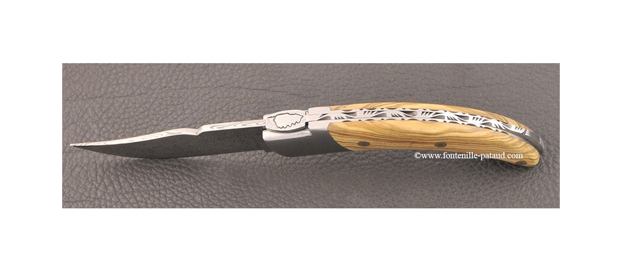 Corsican Rondinara knife Guilloché damascus range olivewood