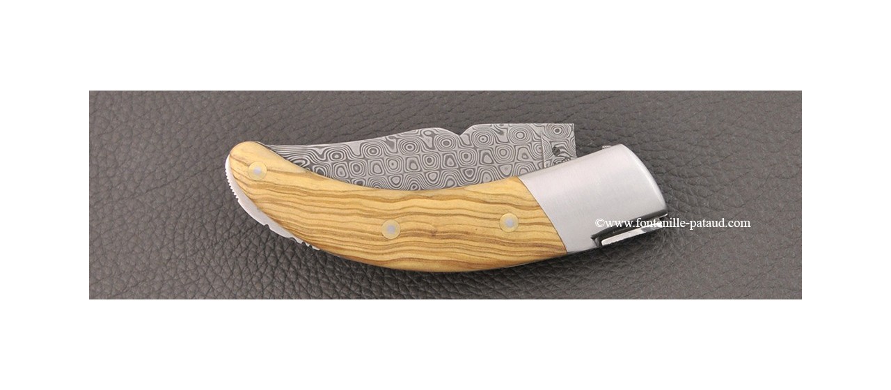 Corsican Rondinara knife Guilloché damascus range olivewood