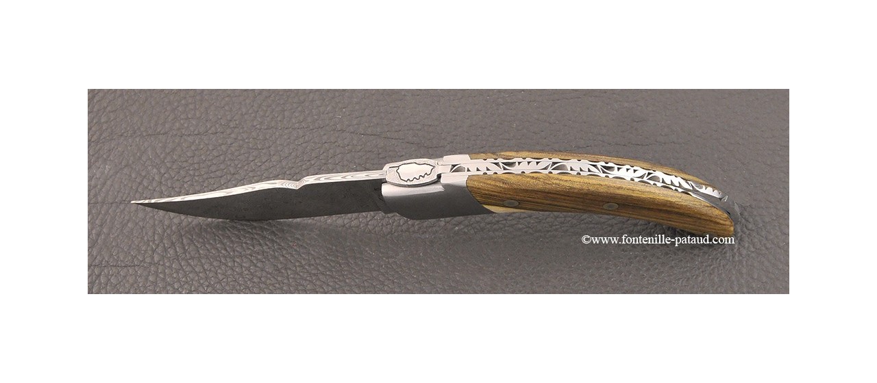 Corsican Rondinara knife Guilloché damascus range pistachio wood