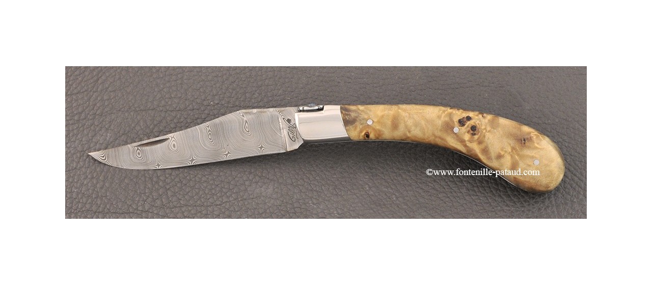 "Le Capuchadou®" 12 cm hand made knife, Stabilized poplar burl & Damascus