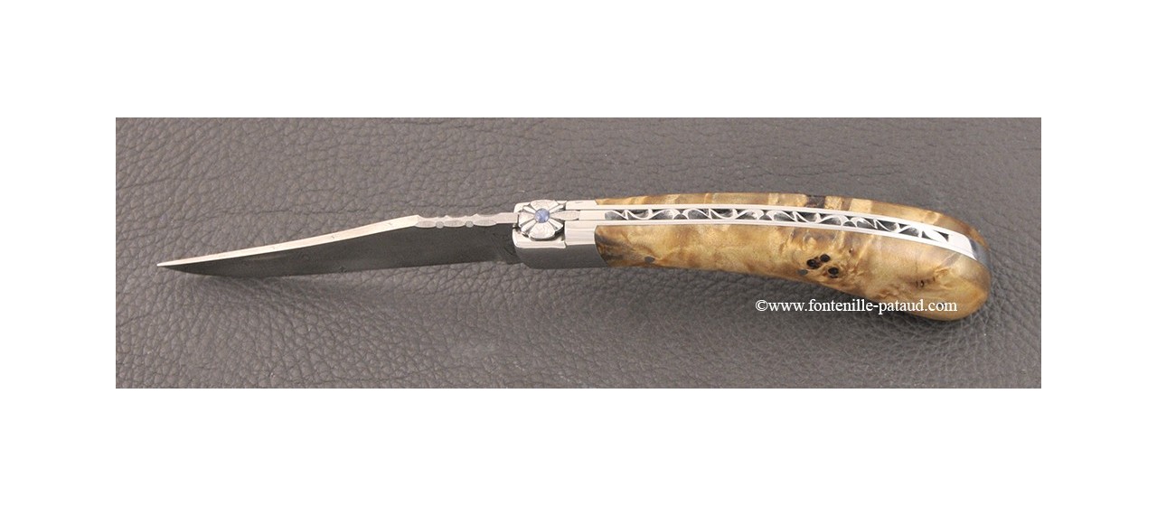 "Le Capuchadou®" 12 cm hand made knife, Stabilized poplar burl & Damascus