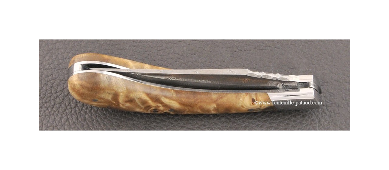 Couteau Le Capuchadou® 12 cm, Loupe de peuplier stabilisée & Damas torsadé