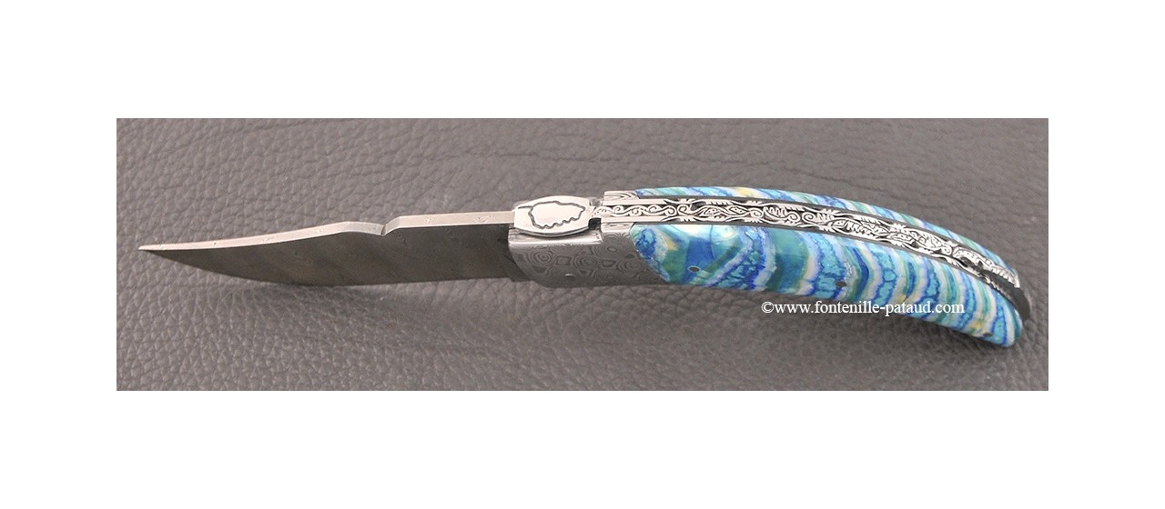 Couteau Corse le Rondinara Damas Molaire de Mammouth turquoise guillochage fin