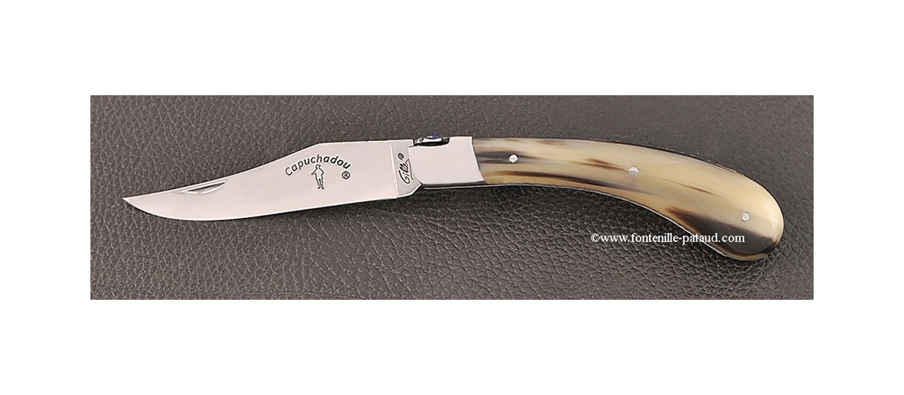"Le Capuchadou-Guilloché" 12 cm hand made knife, cow horn tip