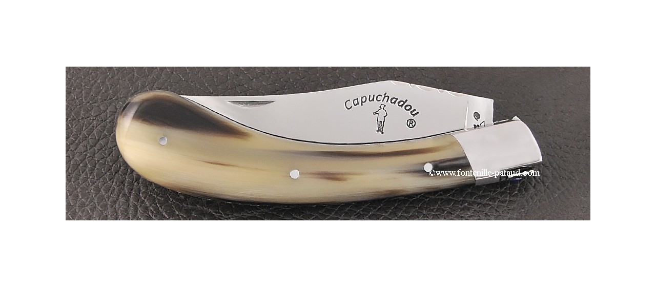 "Le Capuchadou-Guilloché" 12 cm hand made knife, cow horn tip