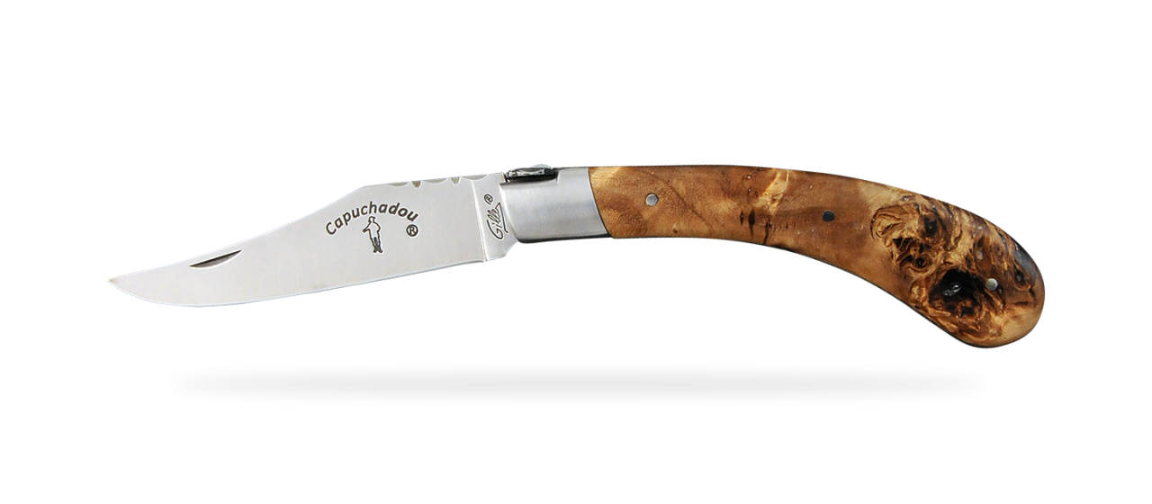 "Le Capuchadou®-Guilloché" 12 cm handmade knife, Stabilized poplar burl
