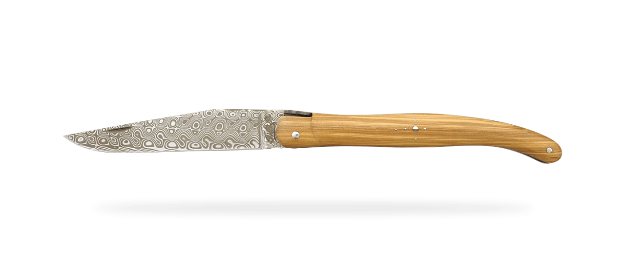 Laguiole Traditional 12 cm Guilloché Damascus Range Full handle Olivewood