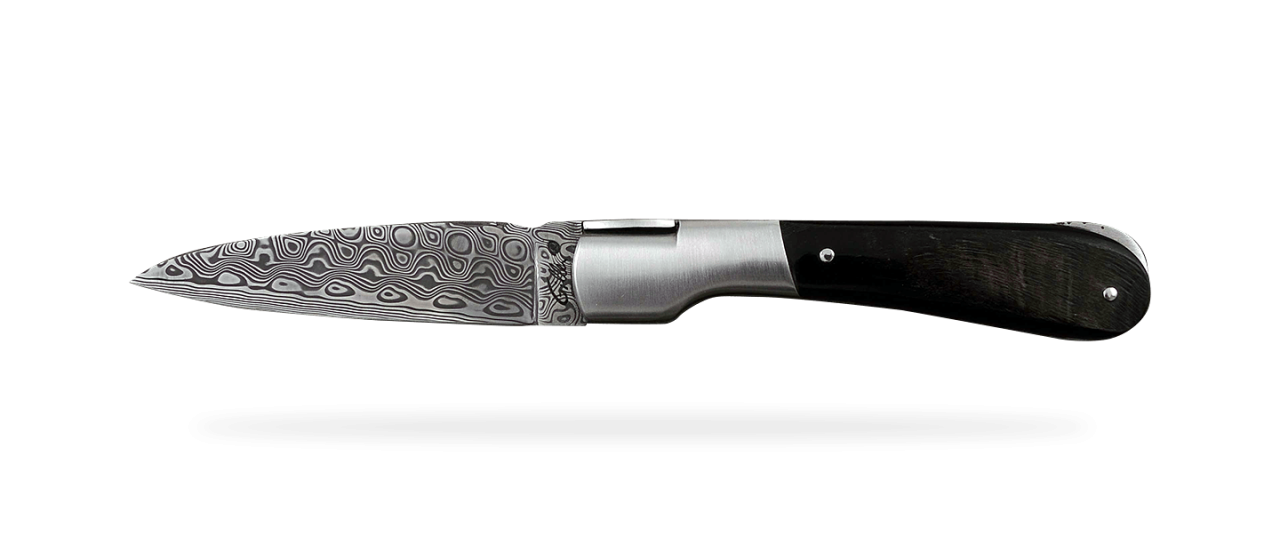 Corsican Pialincu Guilloché Damascus range Buffalo horn bark