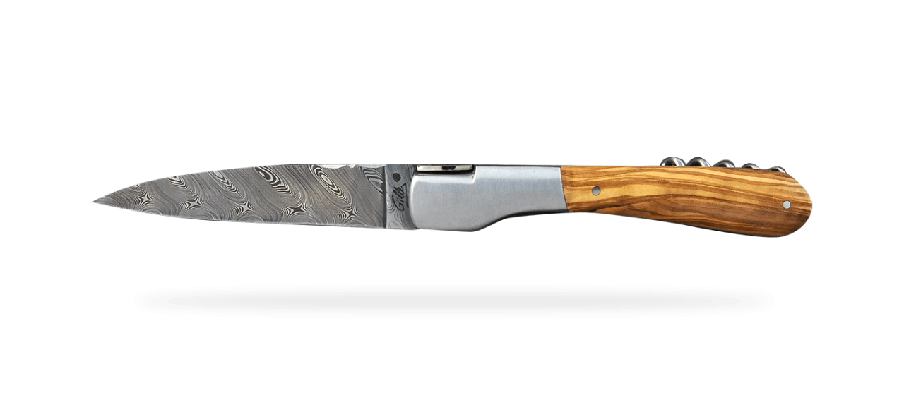 Corsican Vendetta Guilloché Damascus Range with corkscrew Olivewood