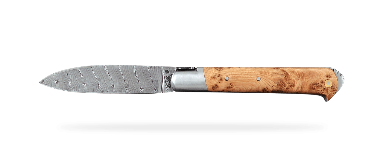 5 Coqs knife Damascus Range Juniper burl